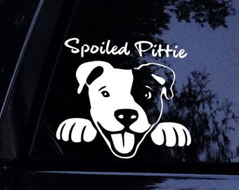 Smiley Spoiled Pittie Peeking Pit Pitbull Dog Sticker - w/FREE Pitbull Mom Sticker - Vinyl Car Window Decal Sticker