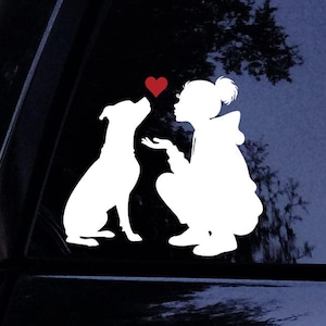 Può includere: Un adesivo in vinile bianco che mostra la sagoma di una persona accovacciata che tende la mano verso un cane. Tra la persona e il cane si trova un piccolo cuore rosso pieno. Il disegno è applicato su una superficie scura e riflettente.