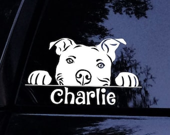 Peeking Floppy Pit Pitbull Dog Personalized with Your Dogs Name (C) Sticker - with FREE Pitbull Mom Sticker - Vinyl Car Window Decal Sticker