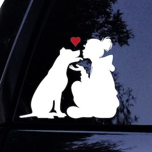 Sitting Lady w/Hoodie Loves Her Pitbull (Heart) - Pittie Kissing Hearts Dog Mom - Free Pitbull Mom Sticker -Vinyl Car Window Decal Sticker