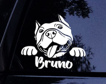 Peeking Comical Crop Ear Pit Face PERSONALIZED Pitbull Dog Sticker - Vinyl Car Window Decal Sticker
