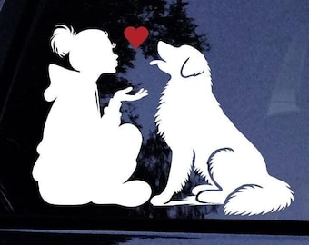Great Pyr Decal - Sitting Lady w/Hoodie Loves Her Great Pyrenees II - Kissing Hearts Dog Mom - Vinyl Car Window Decal Sticker