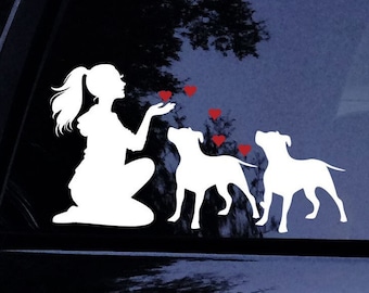 Kneeling Lady w/Hoodie Loves Her Pitbulls - Pittie Kissing Hearts Dog Mom Sticker - Free Pitbull Mom Sticker -Vinyl Car Window Decal Sticker