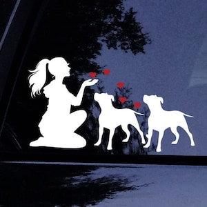 Kneeling Lady w/Hoodie Loves Her Pitbulls - Pittie Kissing Hearts Dog Mom Sticker - Free Pitbull Mom Sticker -Vinyl Car Window Decal Sticker
