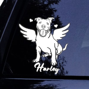 Sitting Pittie Pitbull Angel (B) w/Wings Personalized Memorial Dog Sticker - Vinyl Car Window Decal Sticker