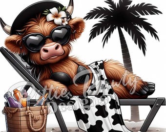 Highland Cow PNG Digital Download - Sexy Pose Highland Cow at Beach - PNG Printable Art Sublimation Design for Shirt and Decal Stickers