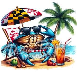 Blaue Krabbe PNG digitaler Download - Maryland Shore Sommer blaue Krabbe im Strandstuhl sitzen - PNG Sublimationsdesign für Hemd- und Abziehbildaufkleber