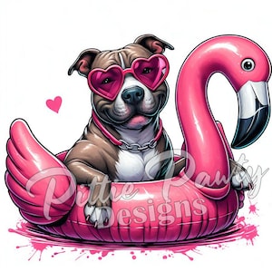 Pode incluir: Um pit bull marrom e branco usando óculos de sol rosa em forma de coração flutua em um flutuador de piscina inflável rosa em forma de flamingo.