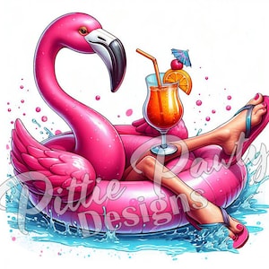 Flamingo PNG Digital Download - Flamingo Lounging on Float in Flipflops - Beach Girl - PNG Sublimation Design for Shirt and Decal Stickers