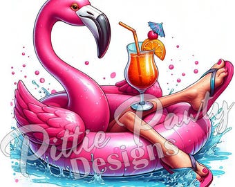 Flamingo PNG Digital Download - Flamingo Lounging on Float in Flip flops - Beach Girl - PNG Sublimation Design for Shirt and Decal Stickers