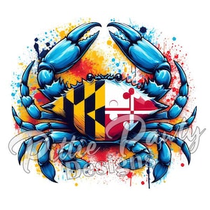 May include: A vibrant illustration of a blue crab with large claws. The crab's shell is split, displaying the Maryland state flag design. Colorful paint splatters surround the crab, and the text "Little Party Designs" is at the bottom.