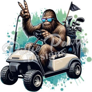 Sasquatch PNG Digital Download - Sasquatch in Golfing Cart - Golfer Printable PNG Sublimation Design for Shirt and Decal Stickers