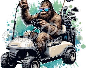 Sasquatch PNG do pobrania w wersji cyfrowej - Sasquatch w wózku golfowym - Golfer Wydrukowany projekt sublimacji PNG na koszulki i naklejki