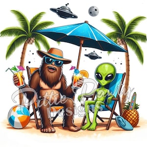 Sasquatch i Obcy PNG Pobieranie Cyfrowe - Sasquatch i Obcy Chillin' on Beach II - PNG Sublimacja Projektu Naklejek Na Koszulki I Kalkomanie