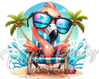 Flamingo PNG Digital Download - Tropical Flamingo Sitting in Beach Chair - PNG Sublimation Design for Shirt & Decal Stickers