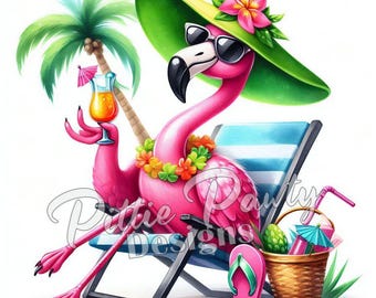 Flamingo PNG Digital Download - Sassy Beach Watercolor Flamingo - Beach Girl - PNG Printable Sublimation Design for Shirt and Decal Stickers