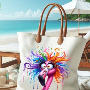 May include: A white canvas tote bag with brown leather handles features a colorful illustration of a flamingo with rainbow-colored hair and eyelashes. The flamingo is dripping with paint.