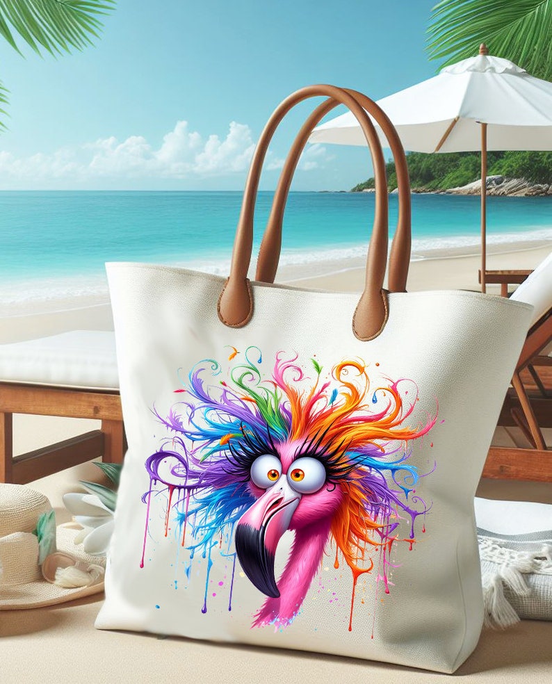 May include: A white canvas tote bag with brown leather handles features a colorful illustration of a flamingo with rainbow-colored hair and eyelashes. The flamingo is dripping with paint.