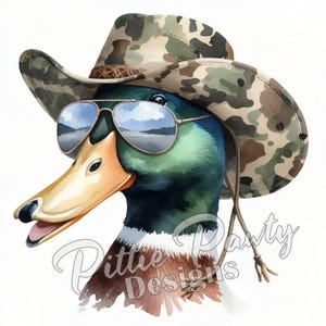 Mallard Duck PNG Digital Download - Watercolor Mallard Hunter Duck Camo Hat Sunglasses - PNG Sublimation Design for Shirt and Decal Stickers