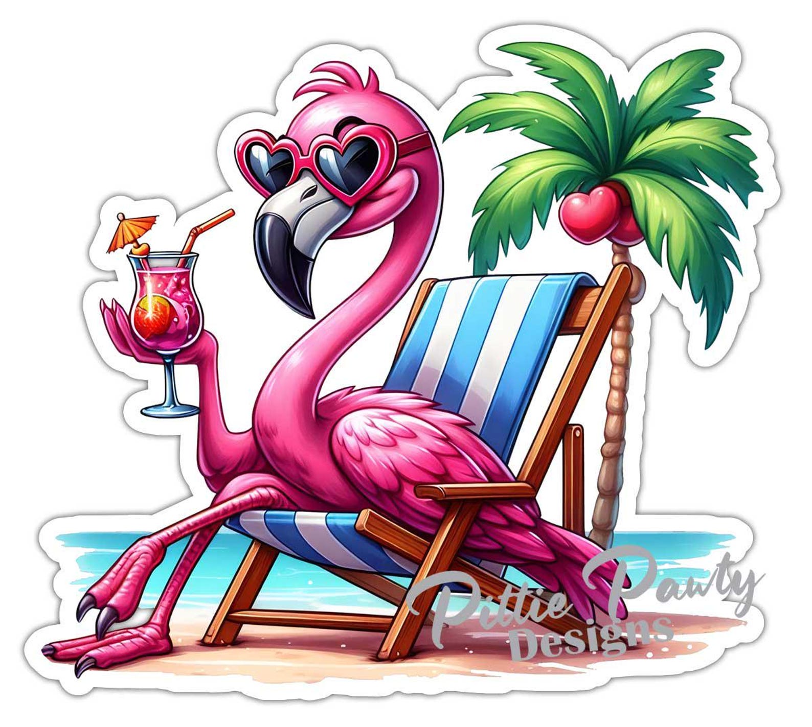 Flamingo Sticker - Beach Flamingo Chillin' With Tropical Drink - Vinyl ...
