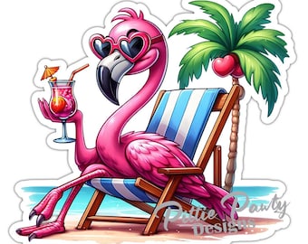 Flamingo Sticker - Beach Flamingo Chillin' with Tropical Drink - Vinyl Car Window Decal Sticker - Vibrant Colors - Peel and Stick Sticker