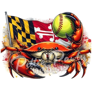 May include: A red crab holding a yellow softball with a white stitching pattern. The crab is in front of a Maryland flag with a red, white and black chequered pattern.