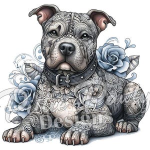 Pitbull PNG digitaler Download - Zuckerschädel blaue Rose ruhender Pitbull - Pitbull Bully - PNG Sublimationsdesign für Shirts und Aufkleber