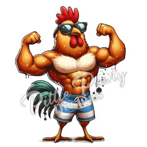 May include: A cartoon illustration of a muscular rooster wearing sunglasses and blue and white striped swim trunks. The rooster is flexing its biceps and has a determined expression on its face.