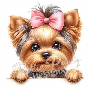 Yorkie PNG digitaler Download - spähendes Yorkie Mädchen mit Schleife - Yorkshire Terrier Hund - PNG Sublimationsdesign für Hemden- und Abziehbildaufkleber