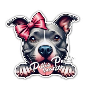 Pitbull Sticker - Peeking Gray Pitbull w/ Pink Bow Decal Sticker - Vinyl Car Window Decal Sticker  Vibrant Colors - Peel and Stick Sticker