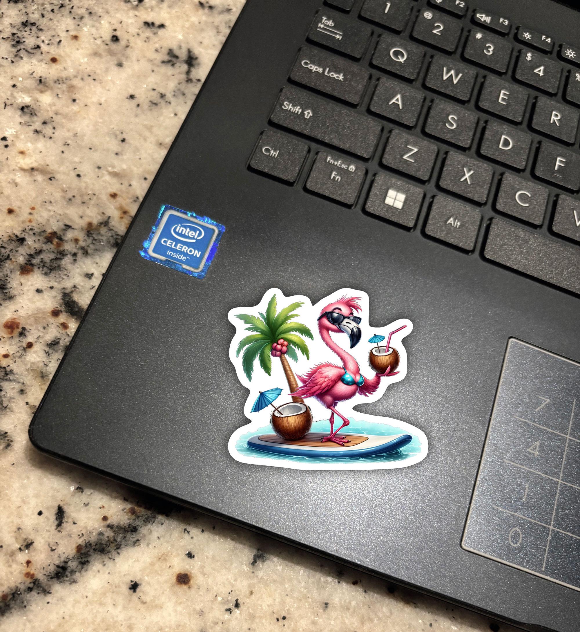 Flamingo Sticker - Paddle Board Beach Flamingo in Bikini Coconut Drink ...