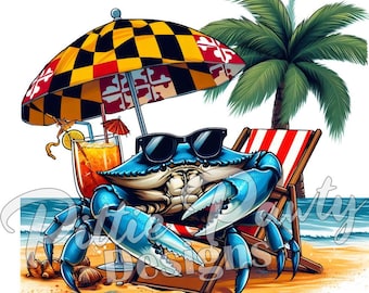 Blue Crab PNG Digital Download - Maryland Flag Summer Blue Crab Sitting in Beach Chair III - PNG Sublimation Design for Shirt & Stickers