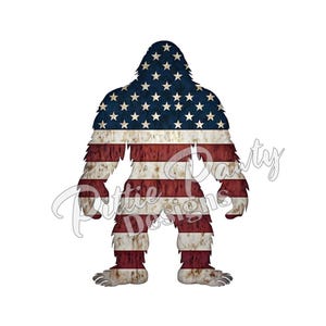 May include: A silhouette of Bigfoot is filled with the American flag design. The flag is distressed and has a vintage look.