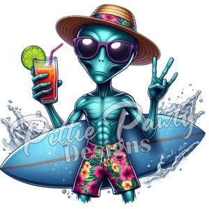 May include: A blue alien wearing a straw hat, sunglasses, and floral swim trunks, holding a tropical drink and a surfboard with a peace sign.