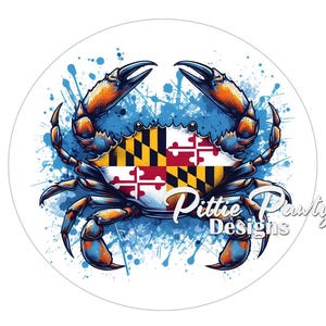 May include: A blue crab with the Maryland state flag on its shell. The crab is surrounded by blue and white paint splatters. The text "Pittie Pawty Designs" is in the lower right corner of the image.