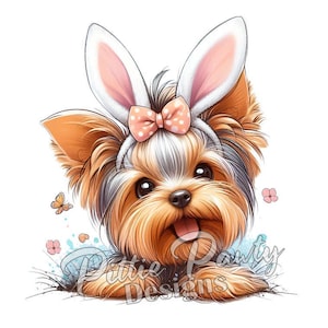 May include: A Yorkshire Terrier dog wearing pink bunny ears with white polka dots. The dog is looking at the camera with a happy expression. The dog is sitting on a blue and white background with pink flowers.