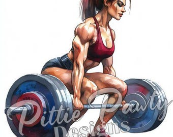 May include: A woman in a red sports bra and black shorts is lifting a barbell. She has her hair pulled back in a ponytail and is concentrating on the lift. The barbell is silver with black weights on each end.