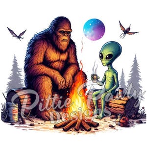Sasquatch and Alien PNG Digital Download - Sasquatch and Alien Around Camp Fire Camping - PNG Sublimation Design for Shirt & Decal Stickers