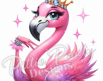 Flamingo PNG Digital Download - Sassy Flamingo Bird Princess - Watercolor PNG Printable Sublimation Design for Shirt and Decal Stickers