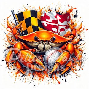Crab PNG - Maryland Crab PNG Digital Download - Orange Crab & Baseball Maryland Flag - PNG Sublimation Design for Shirt and Decal Stickers