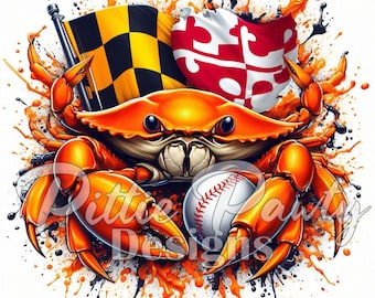 Crab PNG - Maryland Crab PNG Digital Download - Orange Crab & Baseball Maryland Flag - PNG Sublimation Design for Shirt and Decal Stickers