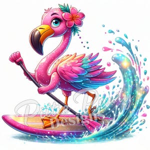 Flamingo PNG Digital Download - Flamingo Island Girl Paddle Boarding - Beach PNG Printable Sublimation Design for Shirt and Decal Stickers