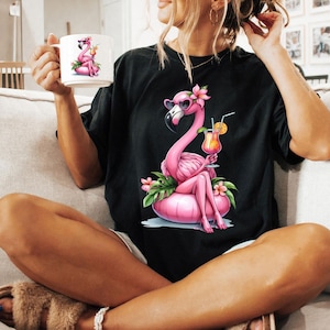 Flamingo PNG Digital Download - Sassy Beach Flamingo Bird w/Tropical Drink on Float - PNG Sublimation Design for Shirt and Decal Stickers