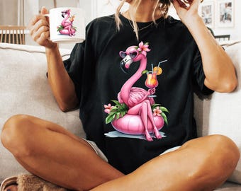 Flamingo PNG Digital Download - Sassy Beach Flamingo Bird w/Tropical Drink on Float - PNG Sublimation Design for Shirt and Decal Stickers
