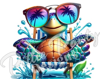 Descarga digital PNG de tortuga - Tortuga marina feliz sentada en una silla de playa - Chica playera - Diseño de sublimación PNG para camisetas y calcomanías