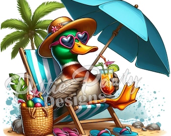 Mallard Duck PNG Digital Download - Mallard Duck Beach Girl Sitting in Beach Chair - PNG Sublimation Design for Shirt & Decal Stickers