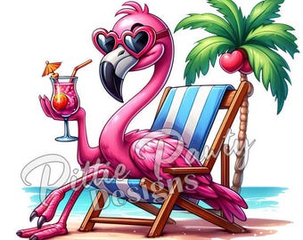 Flamingo PNG Digital Download - Beach Flamingo Chillin' w/Tropical Drink - Beach Girl - PNG Sublimation Design for Shirt and Decal Stickers