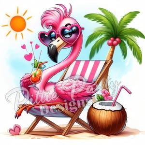 Flamingo PNG Digital Download - Spikey Haired Flamingo at Beach - Beach Girl - PNG Sublimation Design for Shirt and Decal Stickers