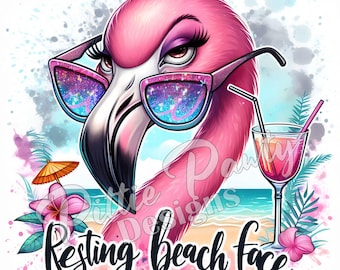 Flamingo PNG Resting Beach Face Sassy Flamingo Bird - PNG Digital Download - Beach png - PNG Sublimation Design for Shirt and Decal Stickers