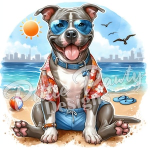 Pitbull PNG Digital Download - Hawaiian Pitbull Beach Dog II - Pit bull Beach PNG Printable Sublimation Design for Shirt and Decal Stickers